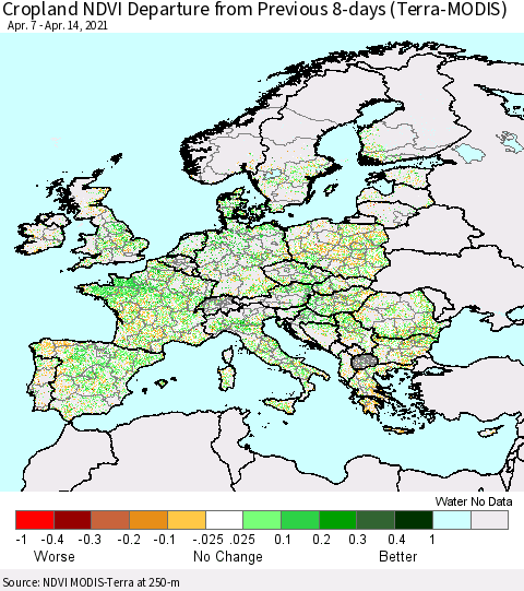 Europe Cropland NDVI Departure from Previous 8-days (Terra-MODIS) Thematic Map For 4/7/2021 - 4/14/2021
