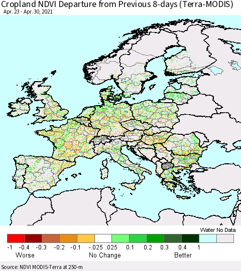 Europe Cropland NDVI Departure from Previous 8-days (Terra-MODIS) Thematic Map For 4/23/2021 - 4/30/2021