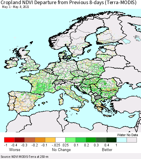 Europe Cropland NDVI Departure from Previous 8-days (Terra-MODIS) Thematic Map For 5/1/2021 - 5/8/2021