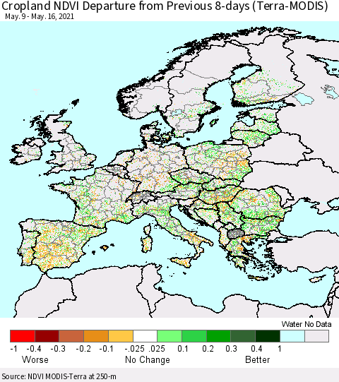 Europe Cropland NDVI Departure from Previous 8-days (Terra-MODIS) Thematic Map For 5/9/2021 - 5/16/2021