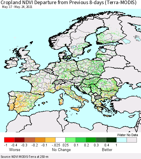 Europe Cropland NDVI Departure from Previous 8-days (Terra-MODIS) Thematic Map For 5/17/2021 - 5/24/2021