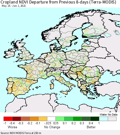 Europe Cropland NDVI Departure from Previous 8-days (Terra-MODIS) Thematic Map For 5/25/2021 - 6/1/2021