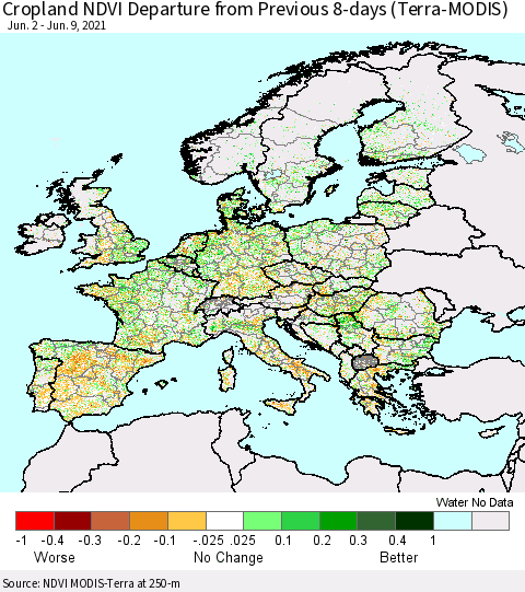 Europe Cropland NDVI Departure from Previous 8-days (Terra-MODIS) Thematic Map For 6/2/2021 - 6/9/2021