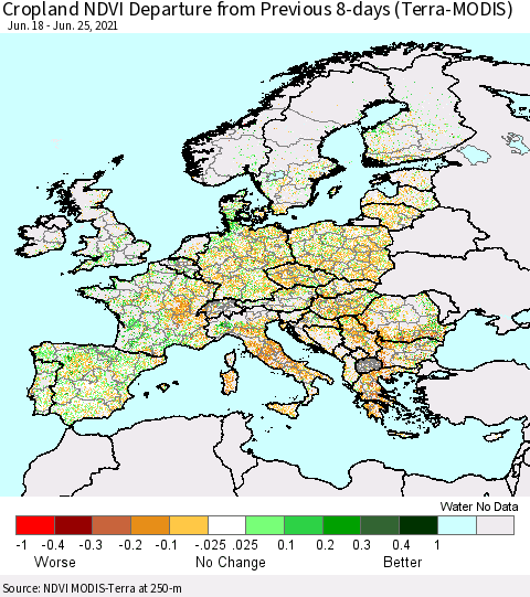 Europe Cropland NDVI Departure from Previous 8-days (Terra-MODIS) Thematic Map For 6/18/2021 - 6/25/2021