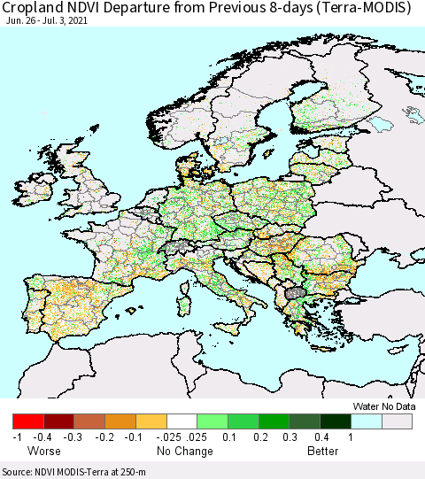 Europe Cropland NDVI Departure from Previous 8-days (Terra-MODIS) Thematic Map For 6/26/2021 - 7/3/2021