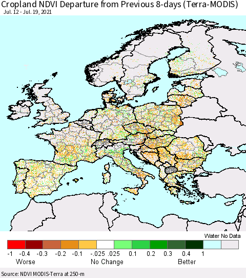 Europe Cropland NDVI Departure from Previous 8-days (Terra-MODIS) Thematic Map For 7/12/2021 - 7/19/2021