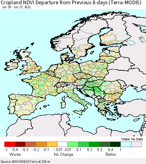Europe Cropland NDVI Departure from Previous 8-days (Terra-MODIS) Thematic Map For 7/20/2021 - 7/27/2021