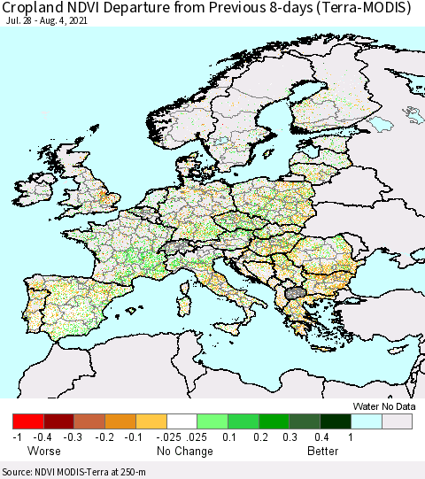 Europe Cropland NDVI Departure from Previous 8-days (Terra-MODIS) Thematic Map For 7/28/2021 - 8/4/2021