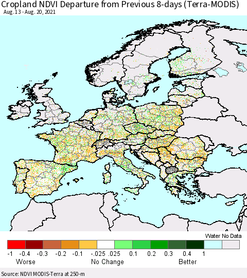 Europe Cropland NDVI Departure from Previous 8-days (Terra-MODIS) Thematic Map For 8/13/2021 - 8/20/2021