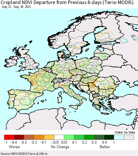 Europe Cropland NDVI Departure from Previous 8-days (Terra-MODIS) Thematic Map For 8/21/2021 - 8/28/2021