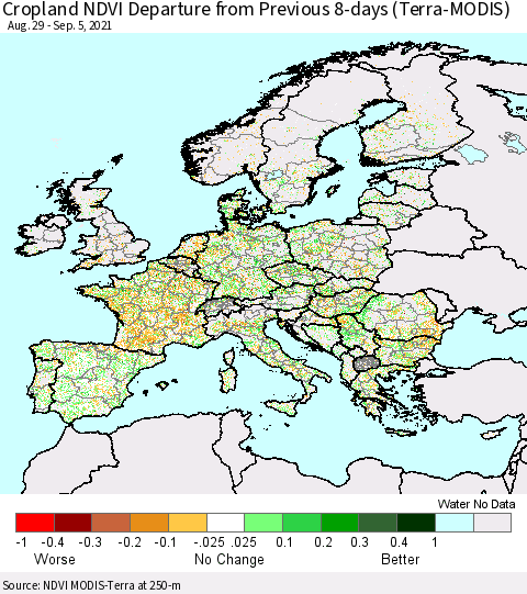 Europe Cropland NDVI Departure from Previous 8-days (Terra-MODIS) Thematic Map For 8/29/2021 - 9/5/2021
