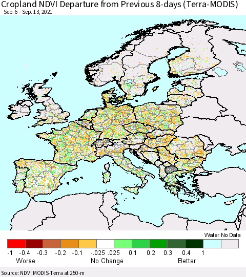 Europe Cropland NDVI Departure from Previous 8-days (Terra-MODIS) Thematic Map For 9/6/2021 - 9/13/2021