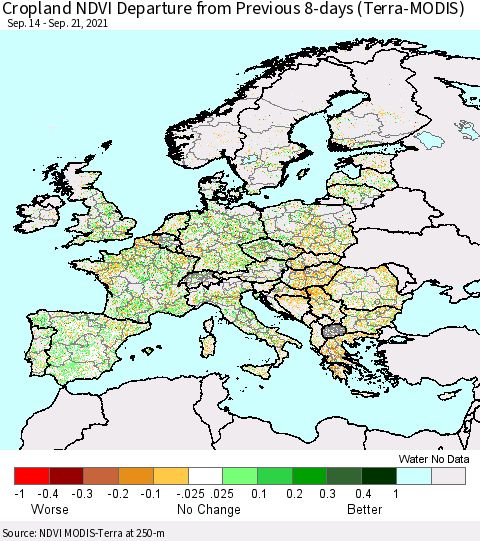 Europe Cropland NDVI Departure from Previous 8-days (Terra-MODIS) Thematic Map For 9/14/2021 - 9/21/2021