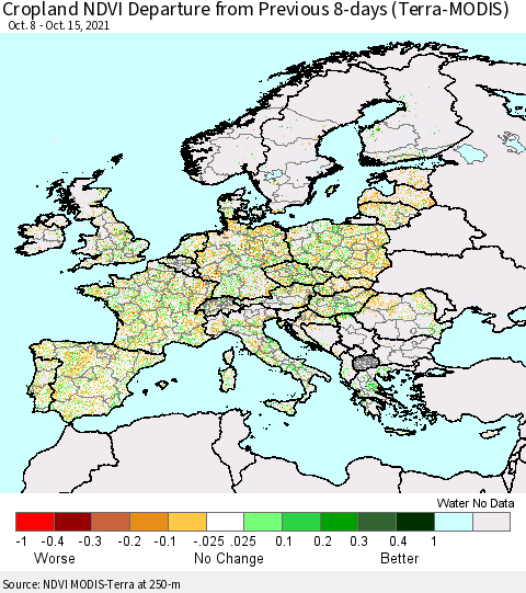 Europe Cropland NDVI Departure from Previous 8-days (Terra-MODIS) Thematic Map For 10/8/2021 - 10/15/2021