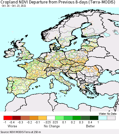 Europe Cropland NDVI Departure from Previous 8-days (Terra-MODIS) Thematic Map For 10/16/2021 - 10/23/2021