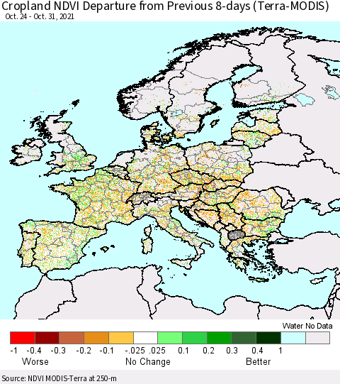 Europe Cropland NDVI Departure from Previous 8-days (Terra-MODIS) Thematic Map For 10/24/2021 - 10/31/2021