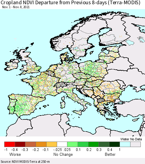 Europe Cropland NDVI Departure from Previous 8-days (Terra-MODIS) Thematic Map For 11/1/2021 - 11/8/2021
