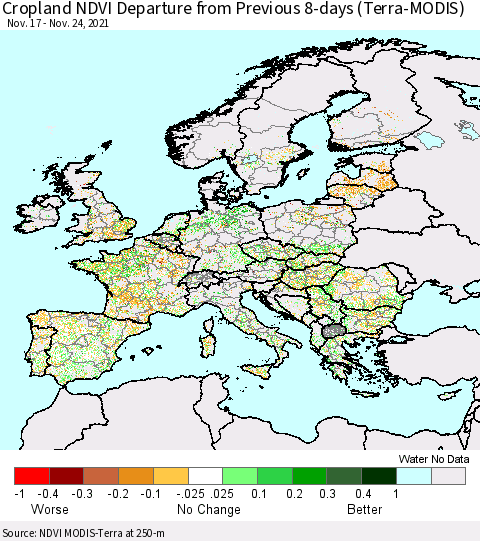 Europe Cropland NDVI Departure from Previous 8-days (Terra-MODIS) Thematic Map For 11/17/2021 - 11/24/2021
