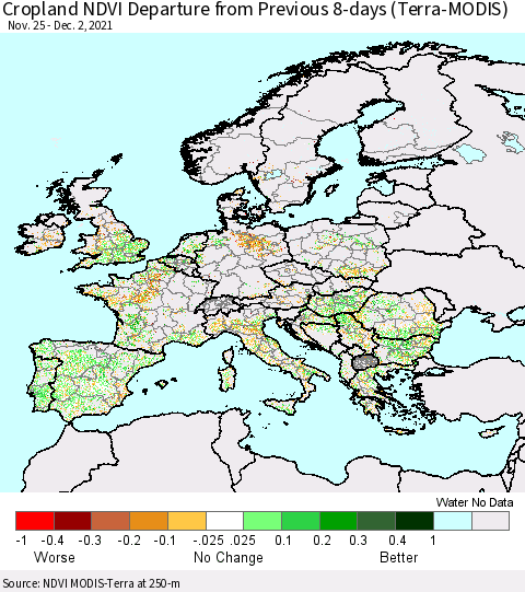 Europe Cropland NDVI Departure from Previous 8-days (Terra-MODIS) Thematic Map For 11/25/2021 - 12/2/2021
