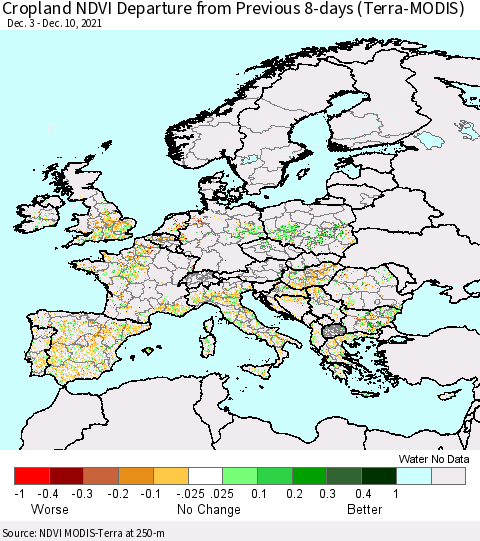 Europe Cropland NDVI Departure from Previous 8-days (Terra-MODIS) Thematic Map For 12/3/2021 - 12/10/2021