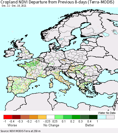 Europe Cropland NDVI Departure from Previous 8-days (Terra-MODIS) Thematic Map For 12/11/2021 - 12/18/2021