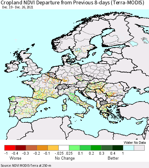Europe Cropland NDVI Departure from Previous 8-days (Terra-MODIS) Thematic Map For 12/19/2021 - 12/26/2021