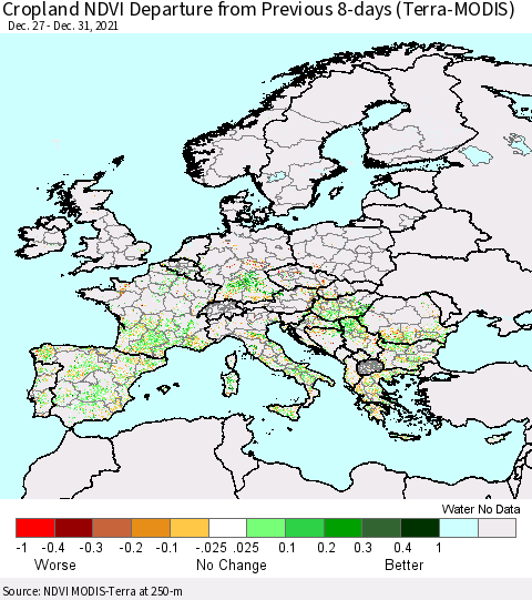 Europe Cropland NDVI Departure from Previous 8-days (Terra-MODIS) Thematic Map For 12/26/2021 - 1/2/2022