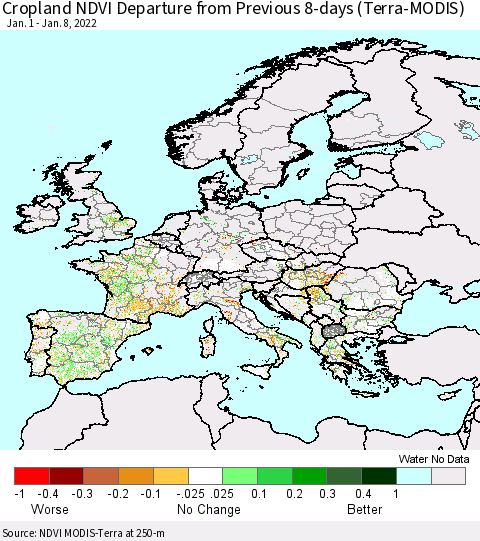 Europe Cropland NDVI Departure from Previous 8-days (Terra-MODIS) Thematic Map For 1/1/2022 - 1/8/2022