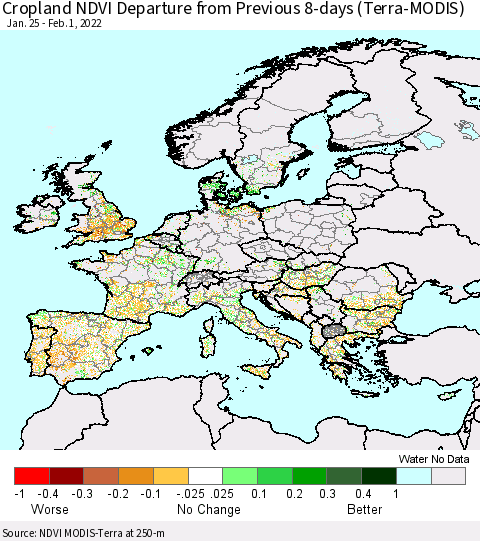 Europe Cropland NDVI Departure from Previous 8-days (Terra-MODIS) Thematic Map For 1/25/2022 - 2/1/2022