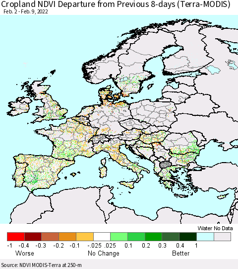 Europe Cropland NDVI Departure from Previous 8-days (Terra-MODIS) Thematic Map For 2/2/2022 - 2/9/2022