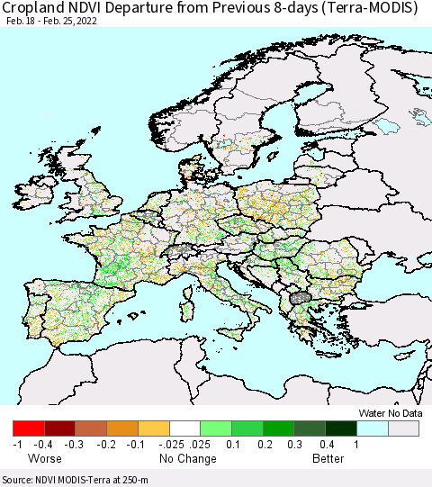 Europe Cropland NDVI Departure from Previous 8-days (Terra-MODIS) Thematic Map For 2/18/2022 - 2/25/2022