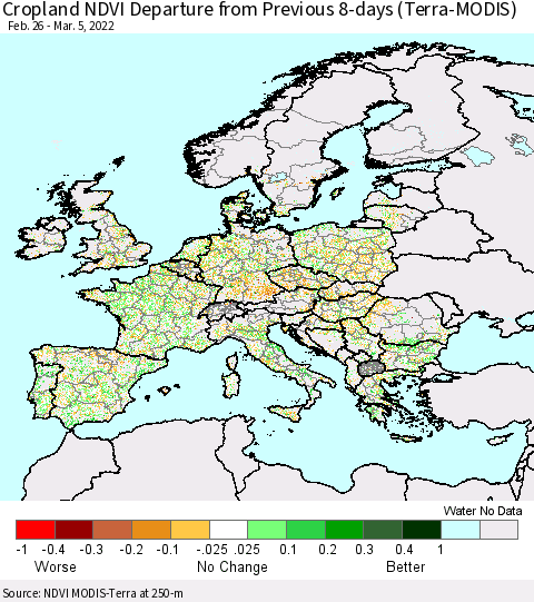 Europe Cropland NDVI Departure from Previous 8-days (Terra-MODIS) Thematic Map For 2/26/2022 - 3/5/2022