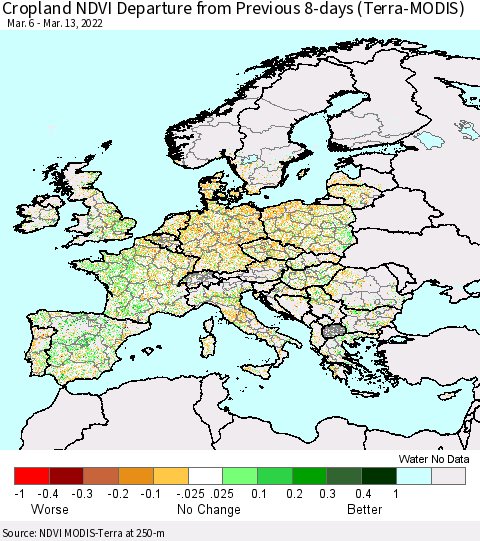 Europe Cropland NDVI Departure from Previous 8-days (Terra-MODIS) Thematic Map For 3/6/2022 - 3/13/2022