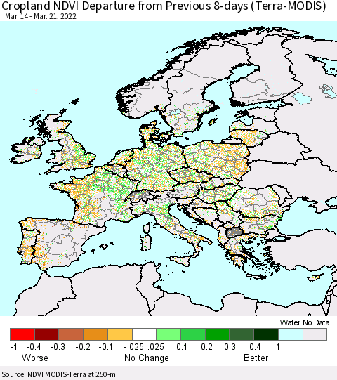 Europe Cropland NDVI Departure from Previous 8-days (Terra-MODIS) Thematic Map For 3/14/2022 - 3/21/2022
