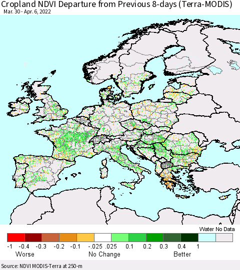 Europe Cropland NDVI Departure from Previous 8-days (Terra-MODIS) Thematic Map For 3/30/2022 - 4/6/2022