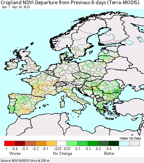 Europe Cropland NDVI Departure from Previous 8-days (Terra-MODIS) Thematic Map For 4/7/2022 - 4/14/2022