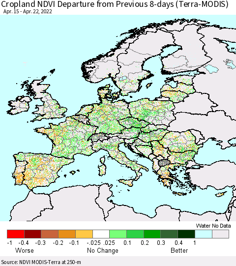 Europe Cropland NDVI Departure from Previous 8-days (Terra-MODIS) Thematic Map For 4/15/2022 - 4/22/2022