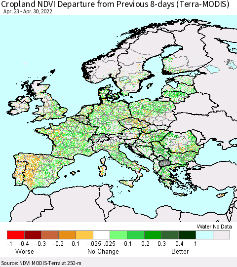 Europe Cropland NDVI Departure from Previous 8-days (Terra-MODIS) Thematic Map For 4/23/2022 - 4/30/2022