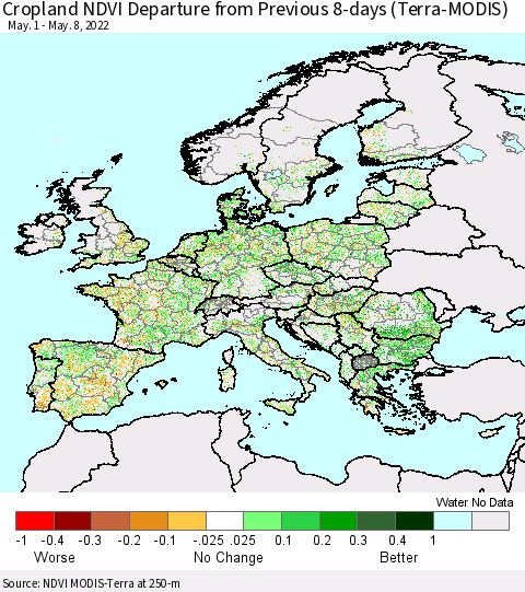 Europe Cropland NDVI Departure from Previous 8-days (Terra-MODIS) Thematic Map For 5/1/2022 - 5/8/2022