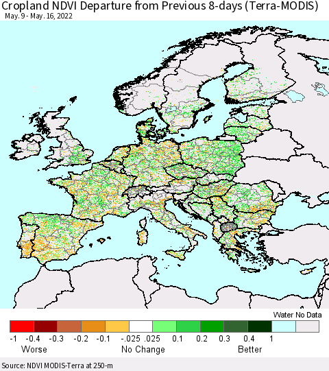 Europe Cropland NDVI Departure from Previous 8-days (Terra-MODIS) Thematic Map For 5/9/2022 - 5/16/2022