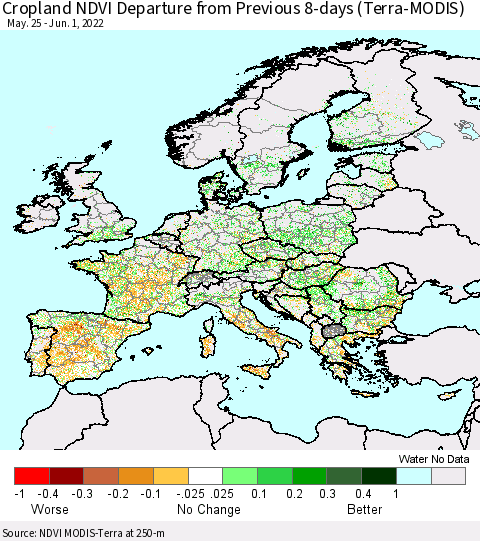 Europe Cropland NDVI Departure from Previous 8-days (Terra-MODIS) Thematic Map For 5/25/2022 - 6/1/2022