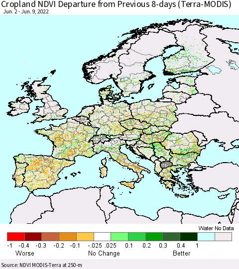 Europe Cropland NDVI Departure from Previous 8-days (Terra-MODIS) Thematic Map For 6/2/2022 - 6/9/2022