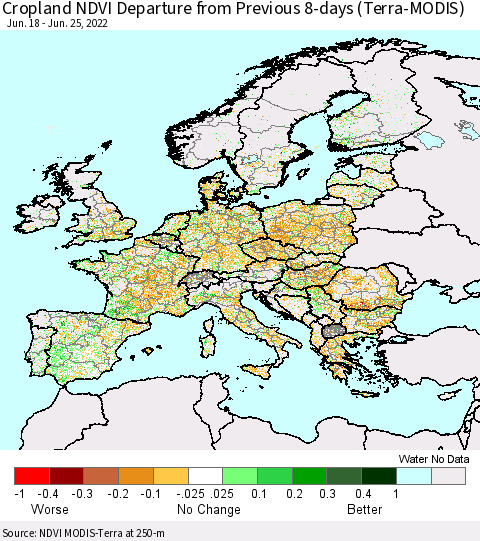 Europe Cropland NDVI Departure from Previous 8-days (Terra-MODIS) Thematic Map For 6/18/2022 - 6/25/2022