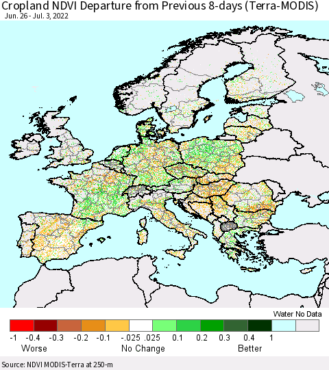 Europe Cropland NDVI Departure from Previous 8-days (Terra-MODIS) Thematic Map For 6/26/2022 - 7/3/2022