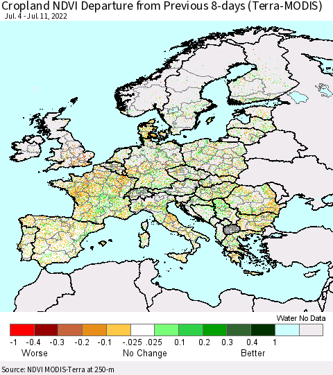Europe Cropland NDVI Departure from Previous 8-days (Terra-MODIS) Thematic Map For 7/4/2022 - 7/11/2022