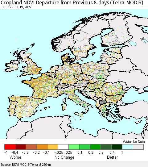 Europe Cropland NDVI Departure from Previous 8-days (Terra-MODIS) Thematic Map For 7/12/2022 - 7/19/2022