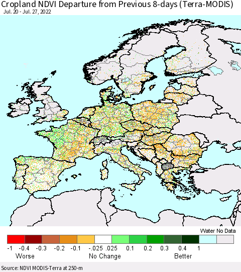 Europe Cropland NDVI Departure from Previous 8-days (Terra-MODIS) Thematic Map For 7/20/2022 - 7/27/2022