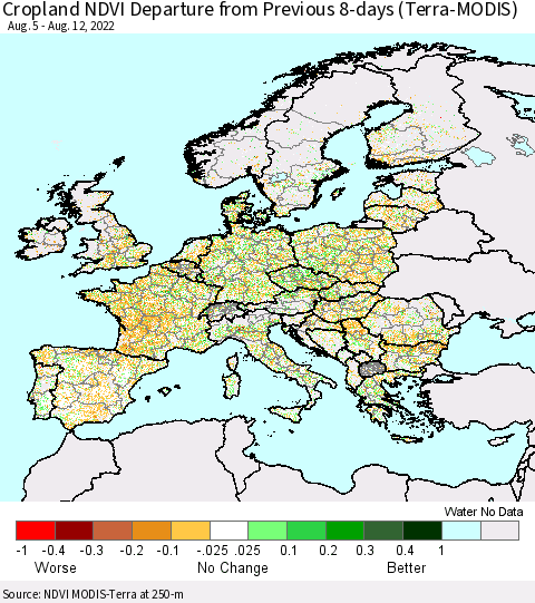 Europe Cropland NDVI Departure from Previous 8-days (Terra-MODIS) Thematic Map For 8/5/2022 - 8/12/2022