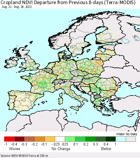 Europe Cropland NDVI Departure from Previous 8-days (Terra-MODIS) Thematic Map For 8/21/2022 - 8/28/2022