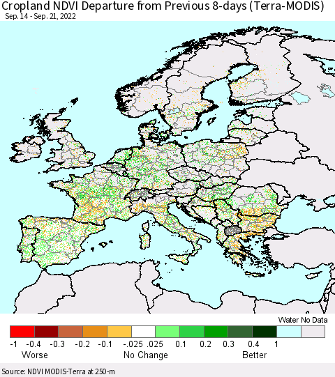 Europe Cropland NDVI Departure from Previous 8-days (Terra-MODIS) Thematic Map For 9/14/2022 - 9/21/2022